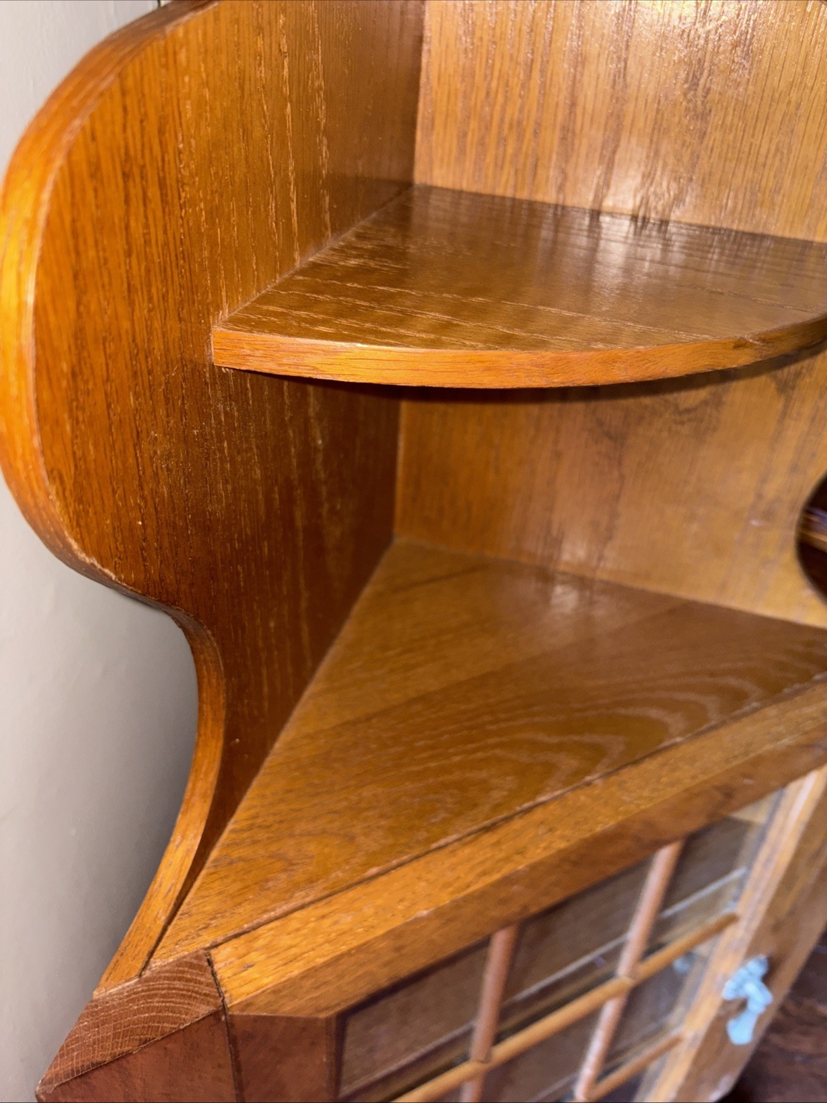 Vintage Oak Curio Corner Cabinet Shelf Display Farmhouse