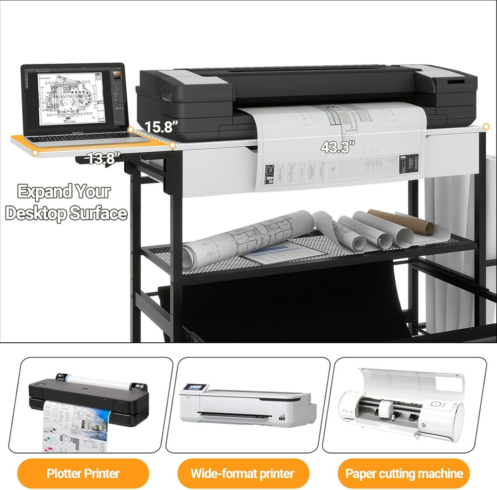 Wide Format Printer Stand with Laptop Station, Plotter Workbench Table with Pull