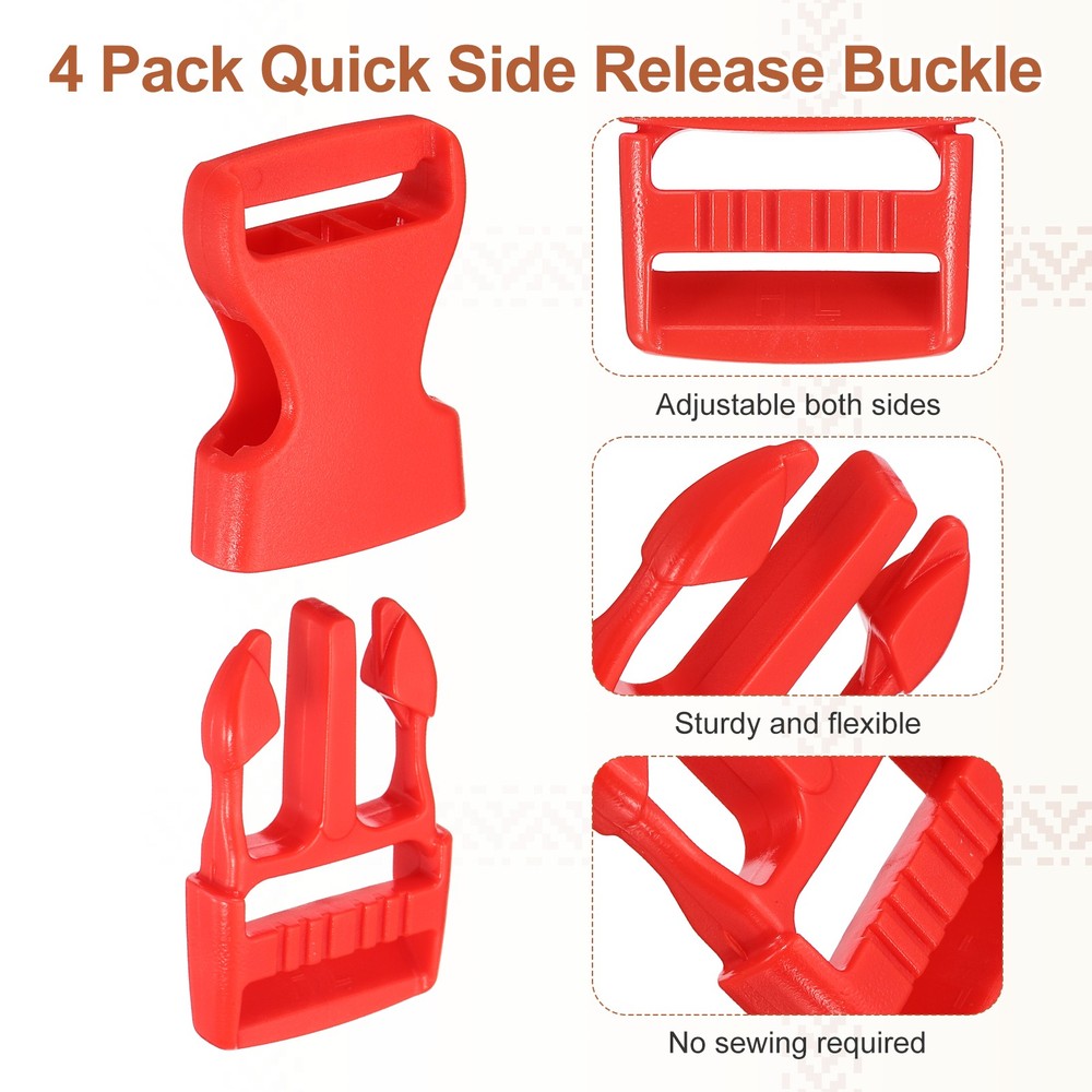 4 Pack Quick Side Release Buckle, 1" Plastic Buckle Clip, Red