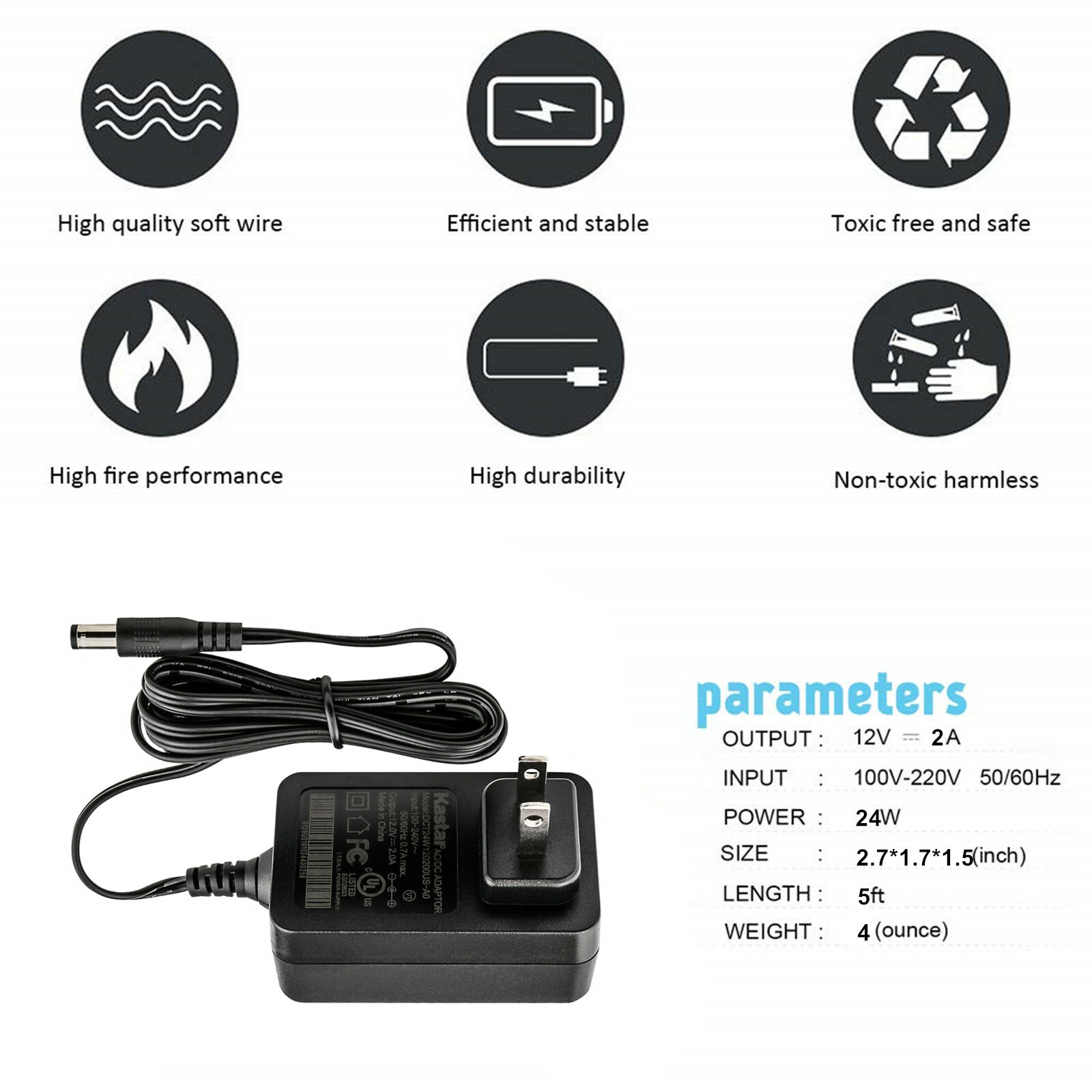 [UL List] Kastar 2 Power Adapter for IR Security Camera 12V 2A CCTV Security DVR