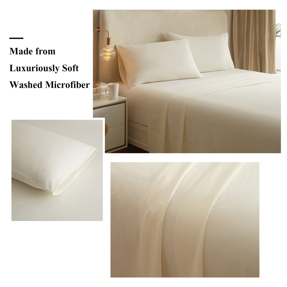 Cream White Sheets Full Size Bedding Sheets & Pillowcases Set - Cooling Sheet...