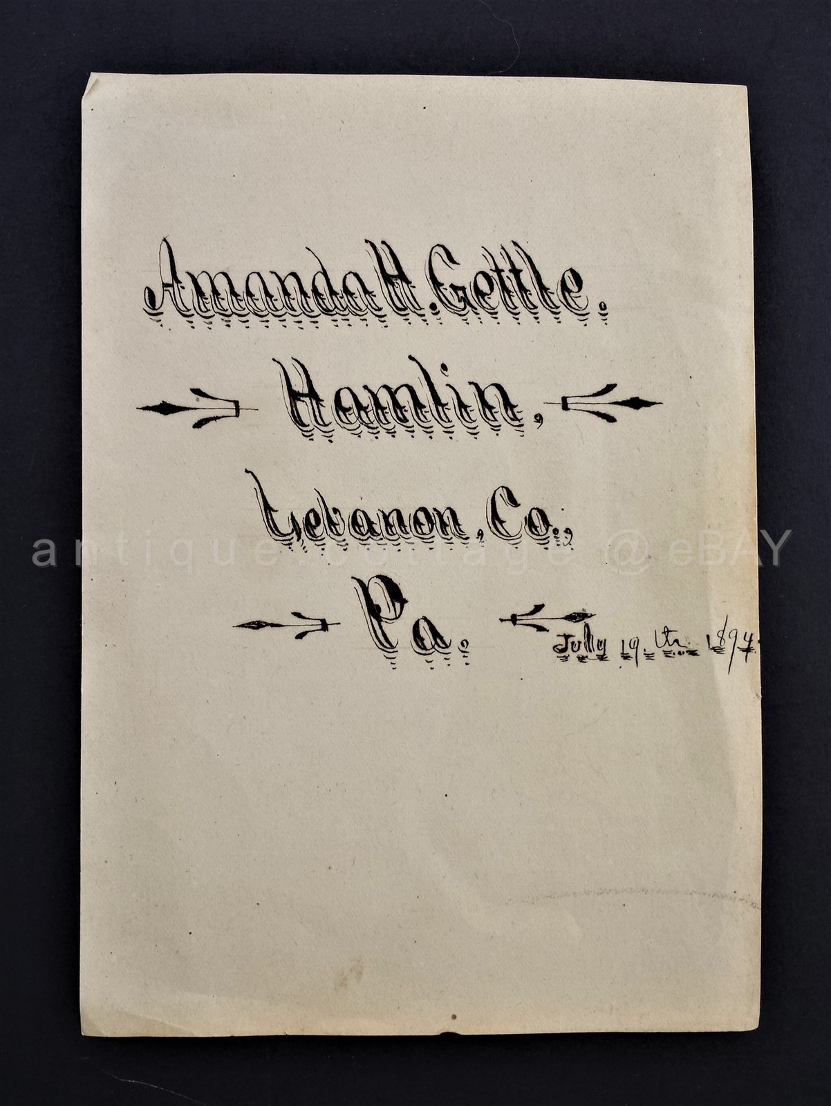 1894 antique FRAKTUR hamlin lebanon pa BOOKPLATE Amanda H. Gettle  FOLK ART