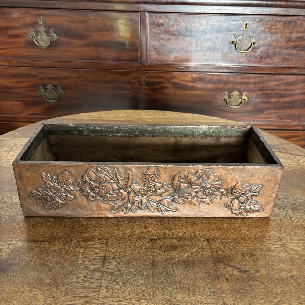 Vintage Distressed Copper Repousse Hammered Fruit Motif Rectangular Planter
