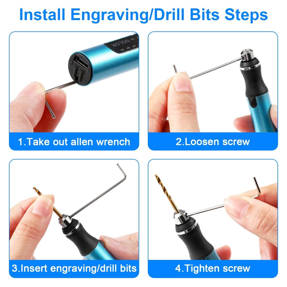 Uolor 3-Speed Cordless Mini Drill Set, Blue Pen