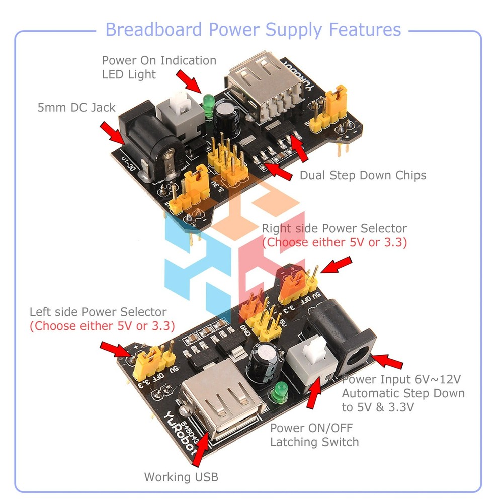 Breadboard Power Supply Module 3.3V / 5V For MB-102 & Solderless Breadboards US