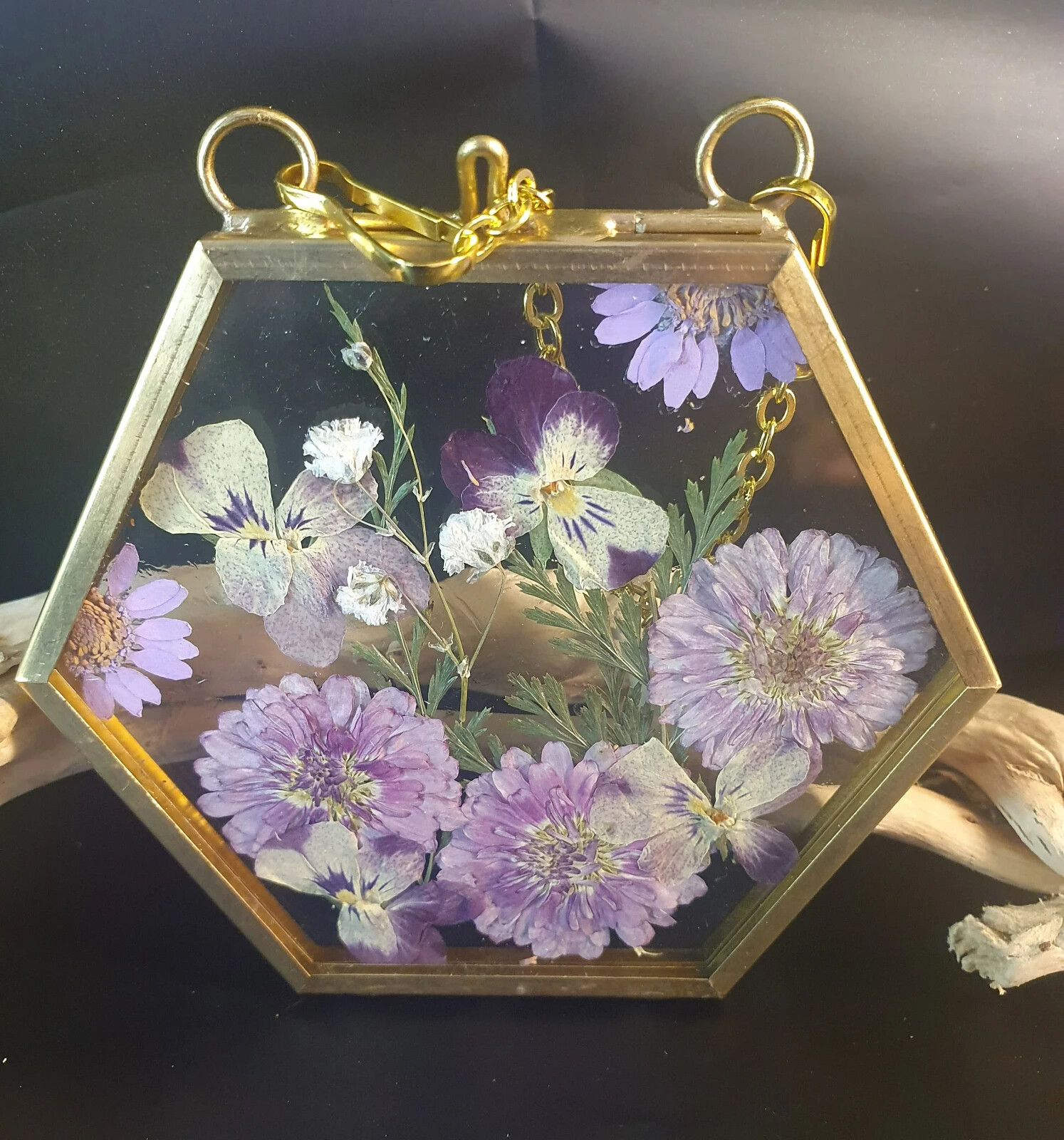 Wall Art Dried Pressed Real Flowers in Glass frame hexagon Handmade