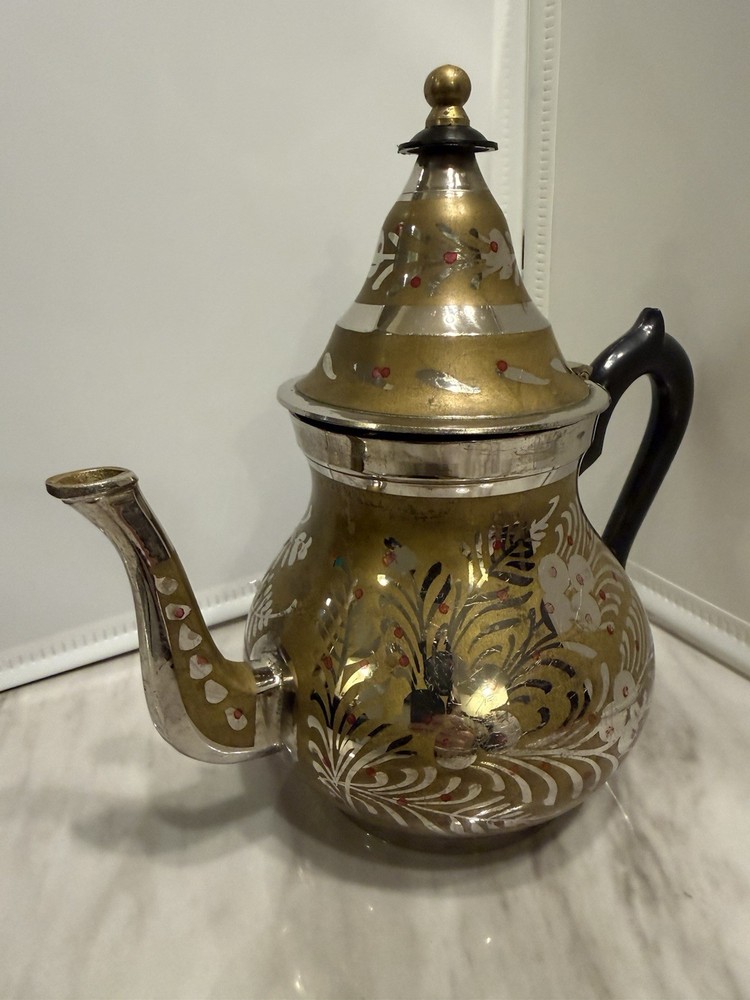 Vintage Tea Pot Small Middle Eastern Brass & Silver Plate
