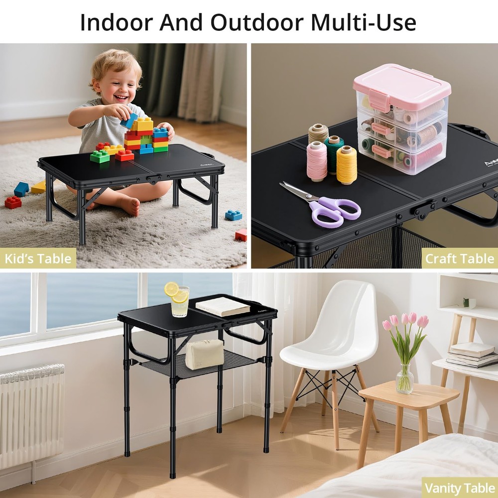 Anbte 2ft Folding Camping Table with Storage Net, 3 Adjustable Heights Small Fol