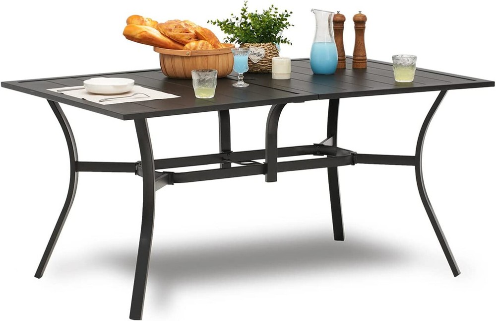 59inch Outdoor Dining Table Metal Rectangular Patio Dining Table w/Umbrella Hole