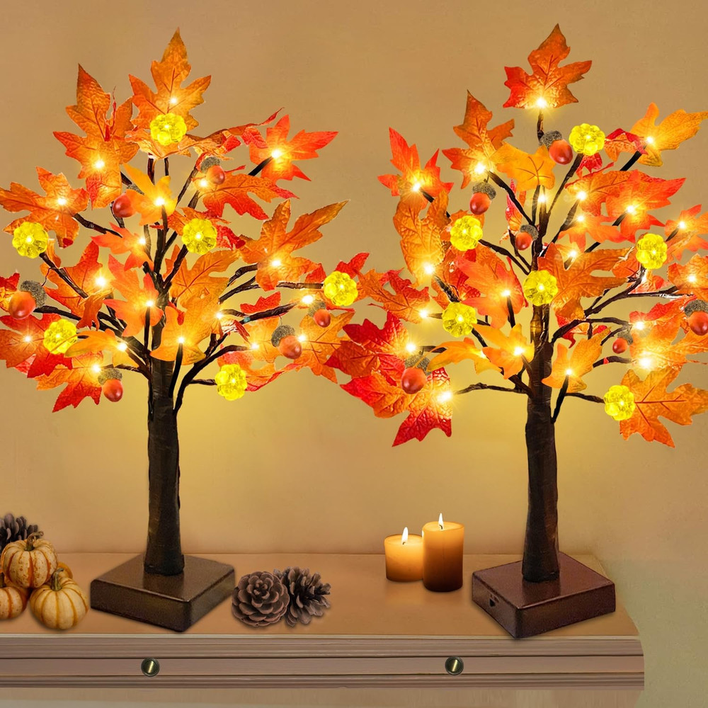 Thanksgiving Fall Decor-2 Pack 24 Inch Prelit Fall Maple Tree 48Leds Timer Acorn