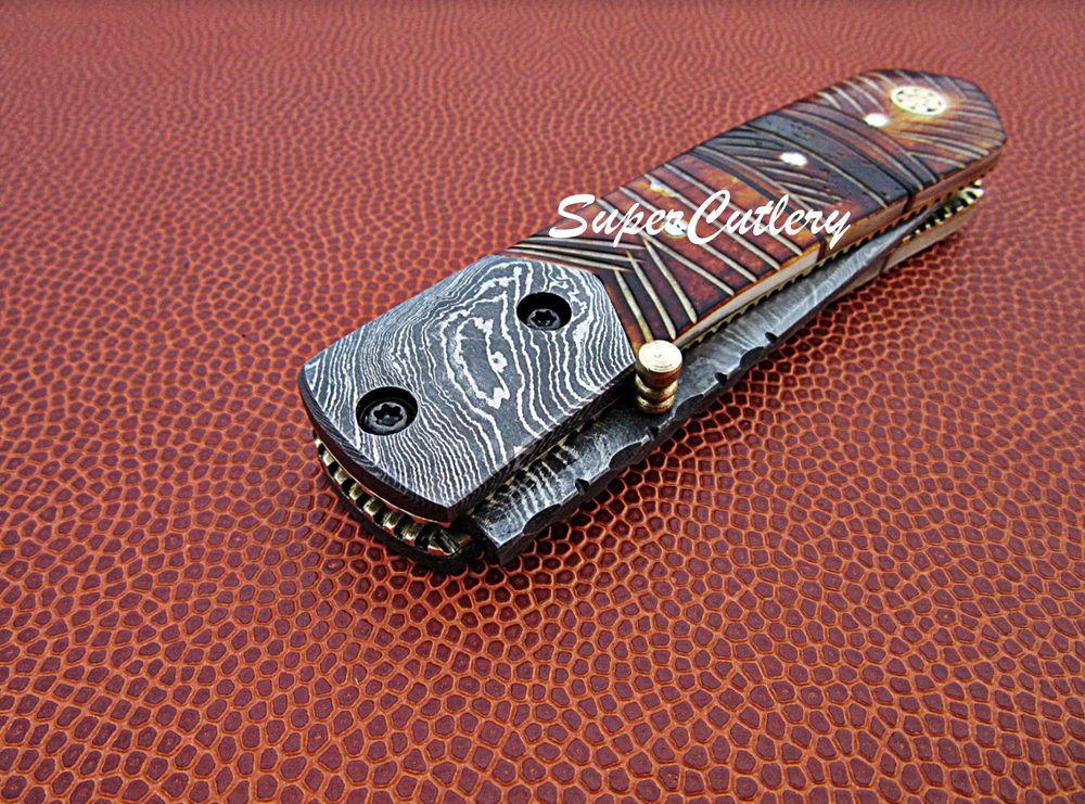 HAND CRAFTED DAMASCUS FOLDING KNIFE- ENGRAVED HAND FLAMED BONE HANDLE