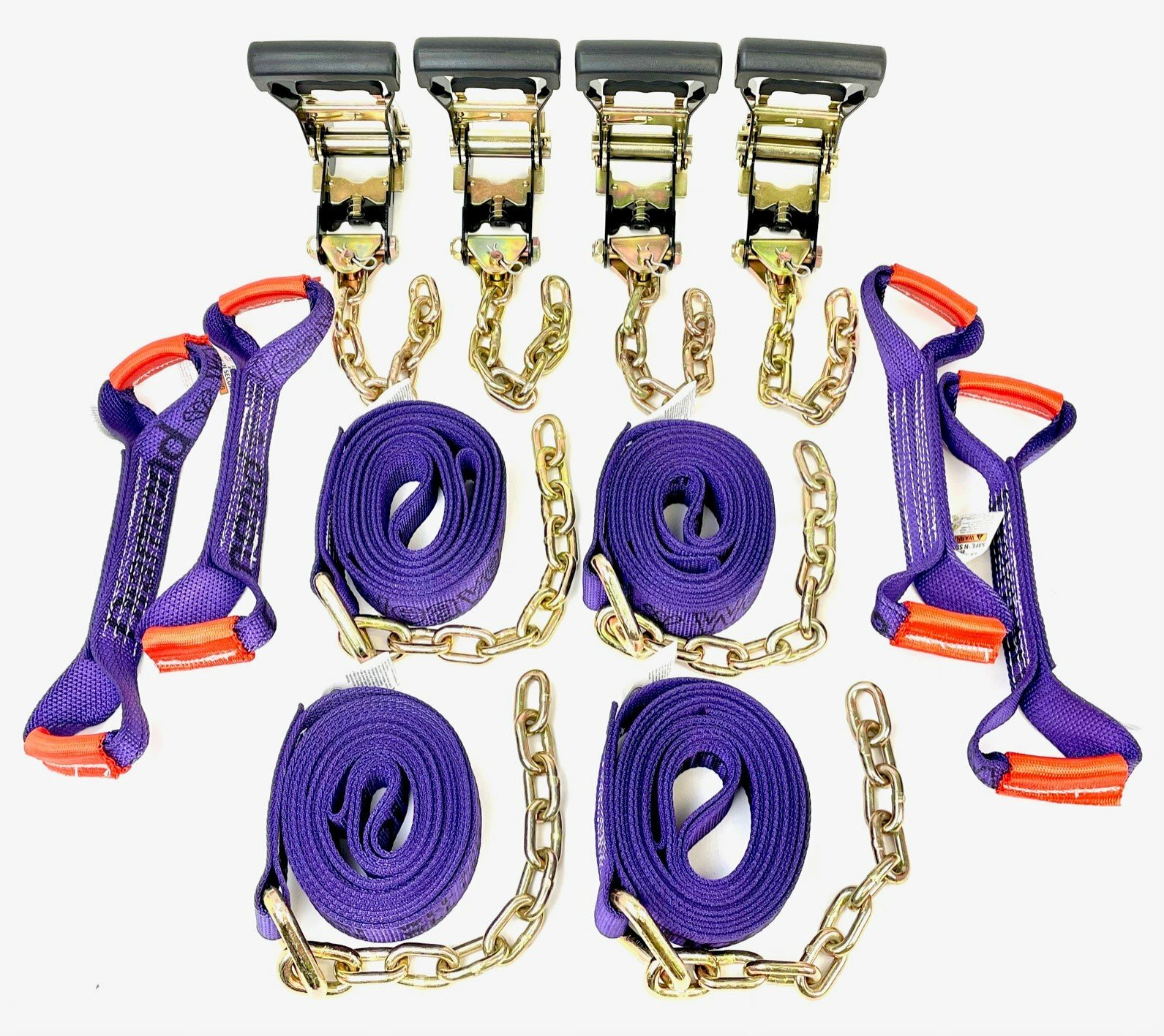 8 pt Kit 14' Purple DIAMOND WEAVE Rollback / Flatbed Car TieDowns w/ Chain Tails