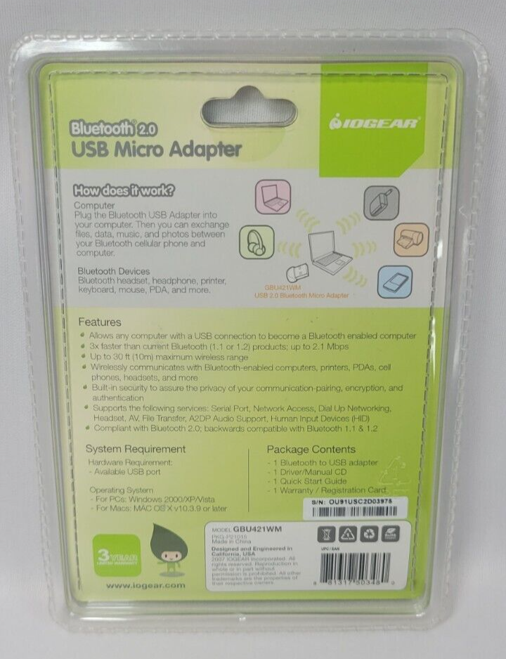 IOGEAR BLUETOOTH 2.0 USB MICRO ADAPTER (Model GBU421WM)