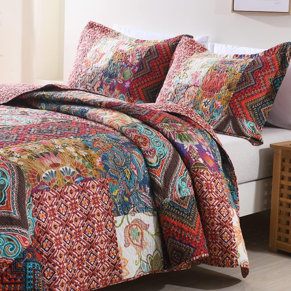 Cotton Patchwork Bedspread Quilt Sets, Reversible Bedding Coverlet Sets, Red ...