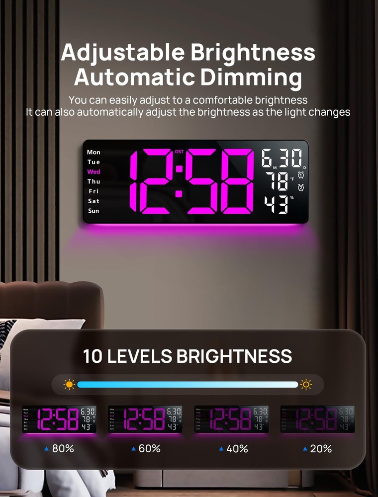 17.3" Large Digital Wall Mount Clock, Digital Clock with Remote Control, Alar...