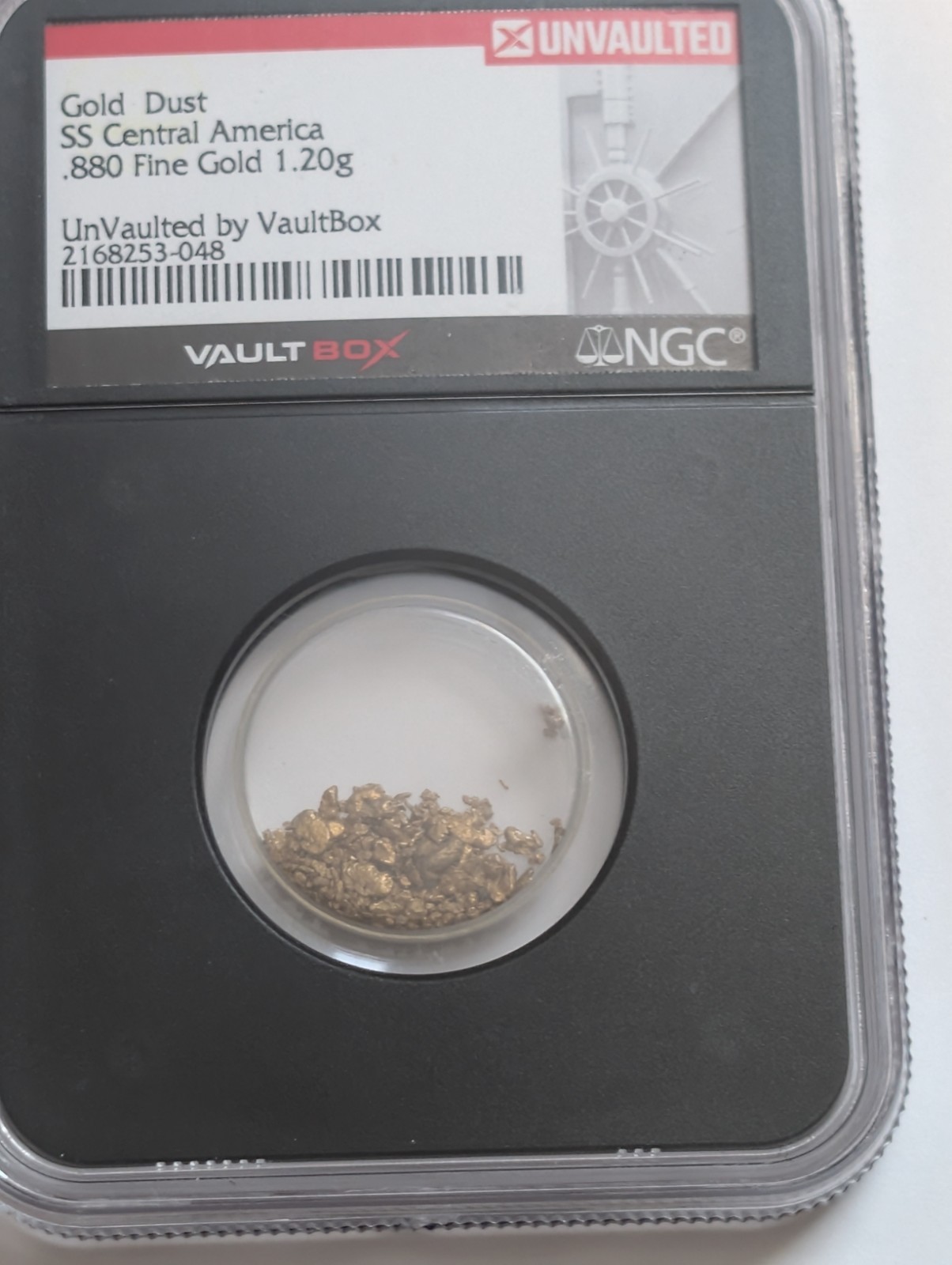 VaultBox SS Central America Gold Dust .880 Fine Gold 1.20g Encapsulated NGC