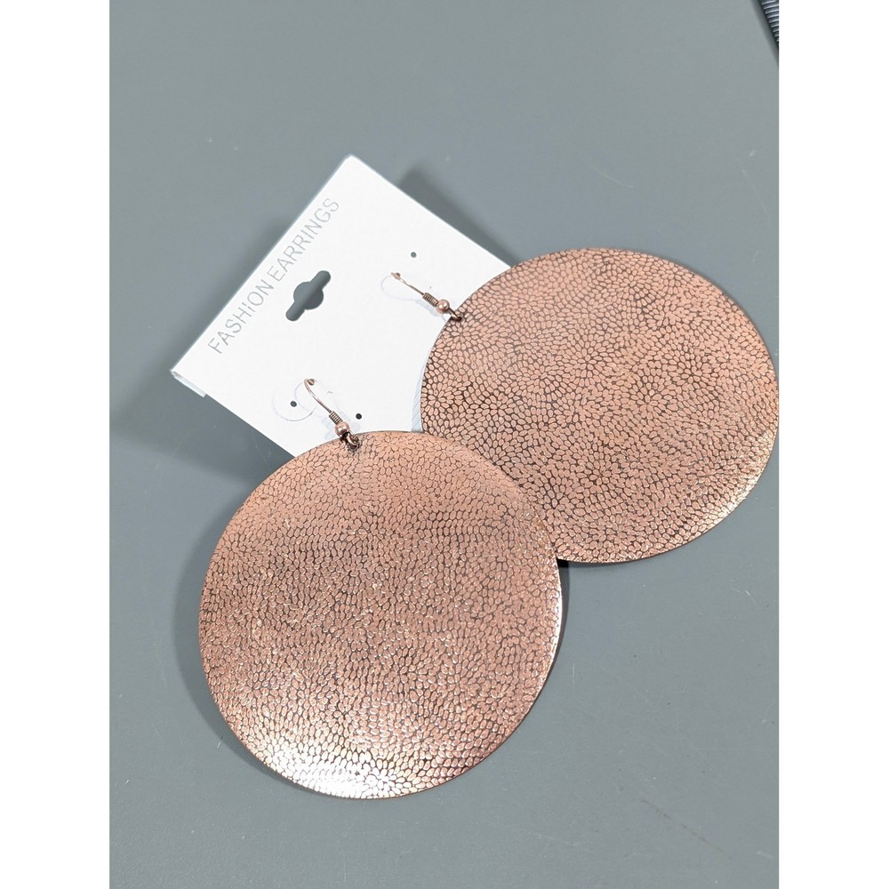 Copper Tone Large Pebble Textured Round Disc Dangle Earrings Pierced Statement
