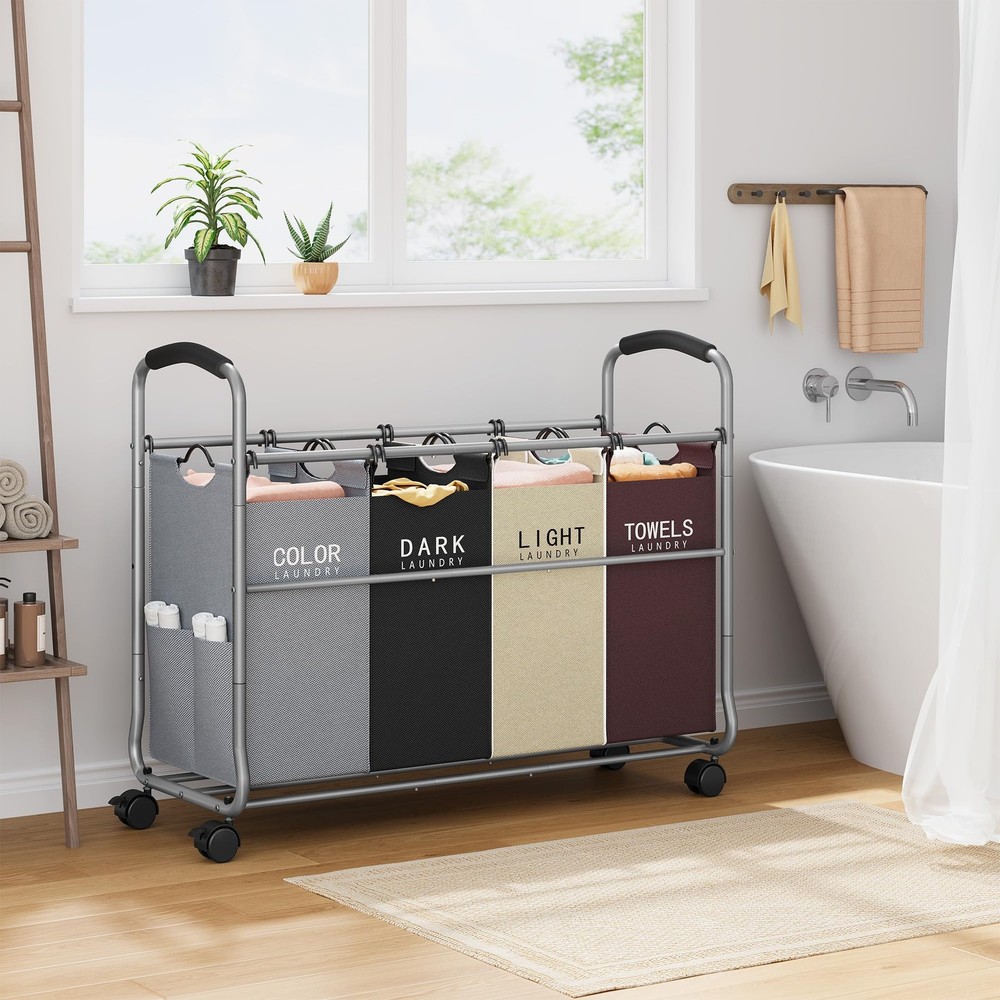 Laundry Sorter 4 Sections, Laundry Separator Hamper with Heavy Duty Lockable ...
