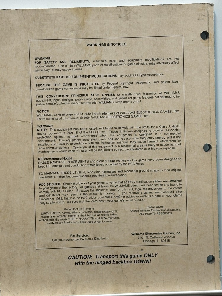 ORIGINAL-WILLIAMS-DIRTY HARRY-OPERATIONS MANUAL