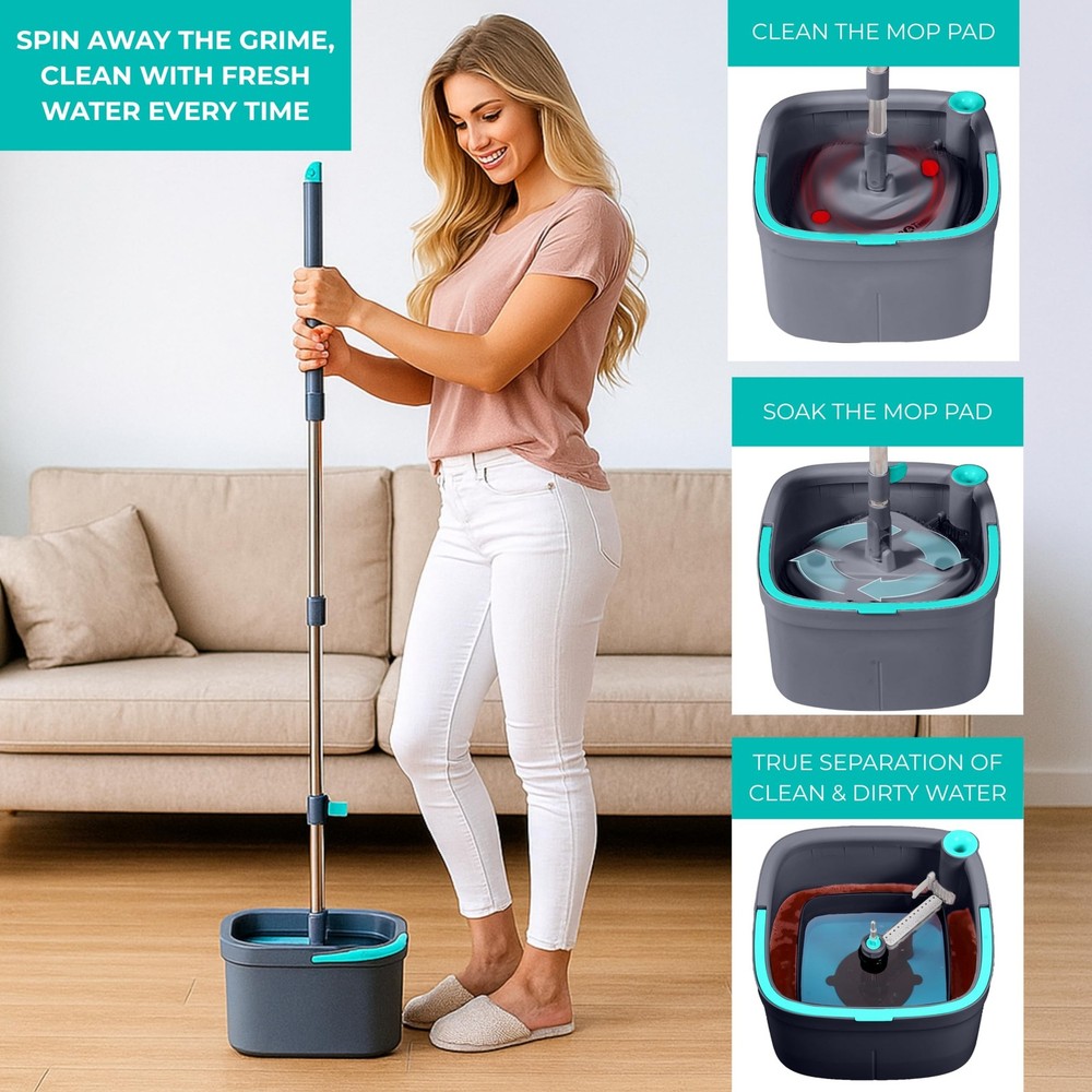 True Clean Spin Mop & Bucket System – Dual Compartment Design for Clean & Dir...