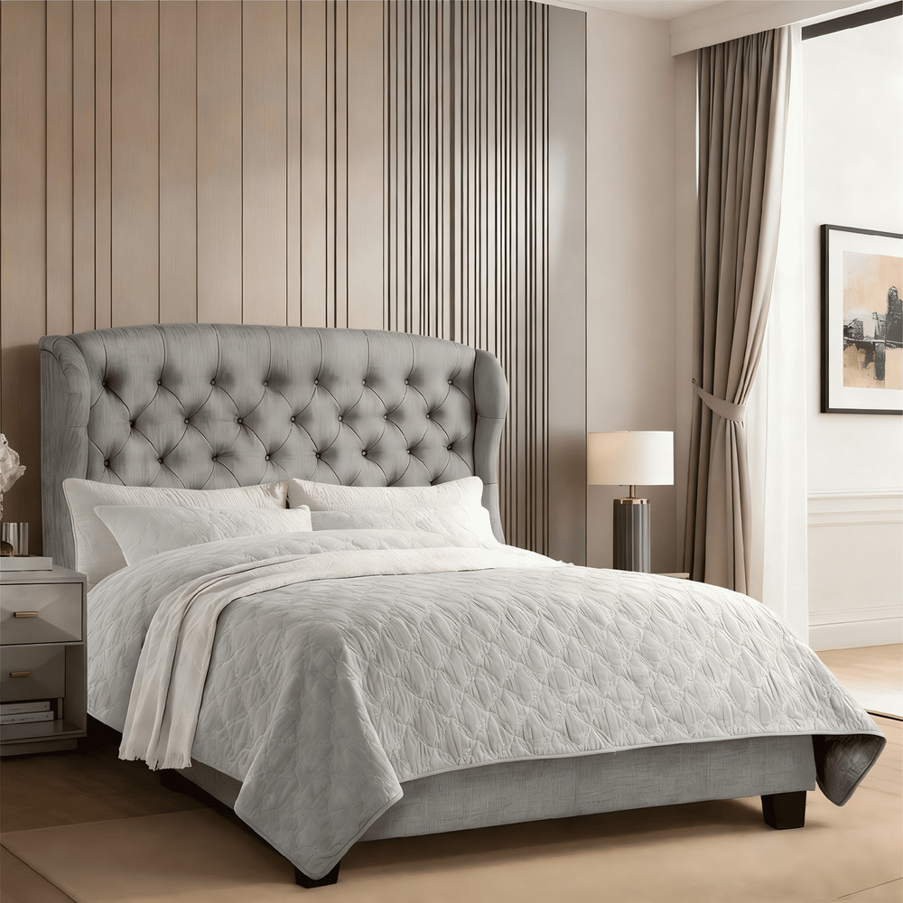 King Size Upholstered Platform Bed Frame W/ Adjustable Wingback Headboard Box