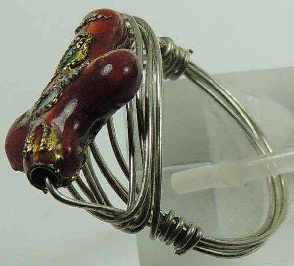 Wire Wrapped Cloisonne Cross Bead Ring Handcrafted