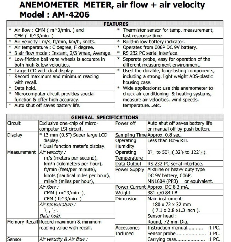 AM-4206 Handheld Thermometer / Anemometer Anemometer High Precision Digital