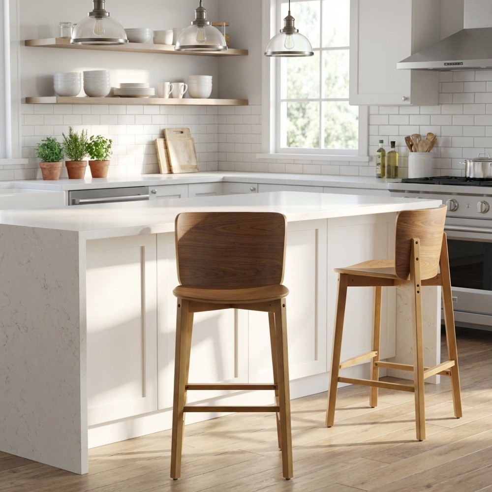 Bar Stools Set of 2, Walnut Brown Ergonomic Bentwood Back Kitchen Island Stools