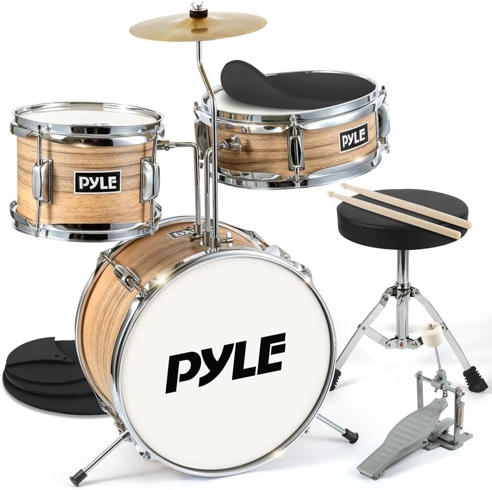 Pyle 3 Pcs Drum Set Beginner Junior Drummer Kit-Adjustable Throne -Natural