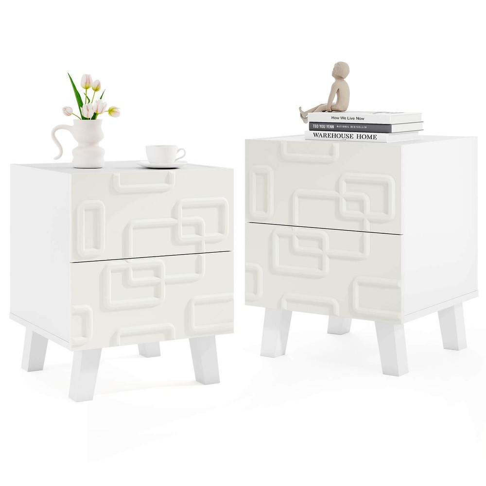 2PCS Mid Century Modern Bedside Table w/2 Storage Drawers 3D Geometric Patterns