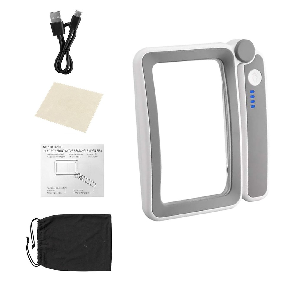 Rechargeable Rectangular Magnifier 4x 10 Led Light Touch Control For Needlework