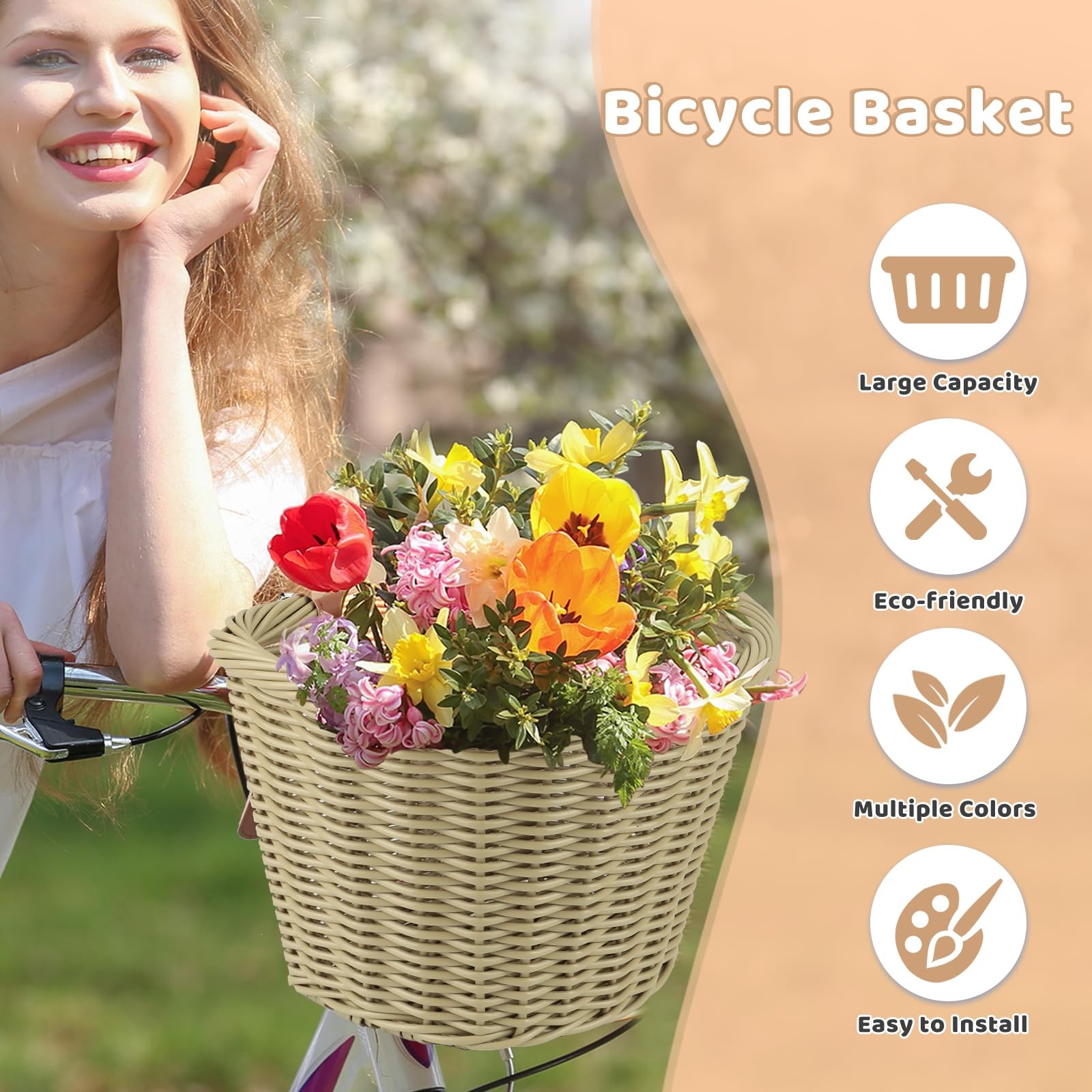 MEGHNA Woven Bike Basket Elegant Semicircle Large for Large, Beige