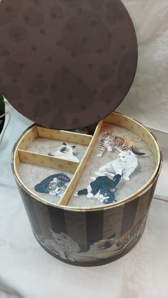 Stacking Storage Containers For Sewing Stuff Cat Print On Them. Good Condition