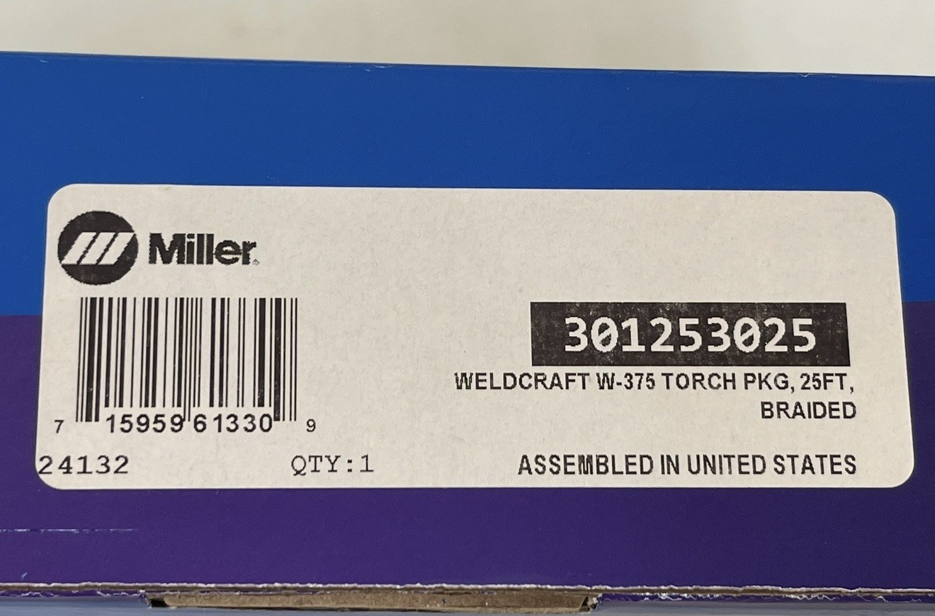 MILLER Weldcraft W-375 Super Cool TIG Torch Kit 25' Braided Rubber 301253025