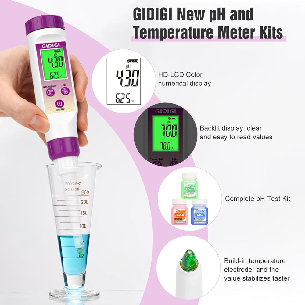 pH Meter Food Digital Electronic pH Tester for Fermentation 3*50ml pH Buffer Cal