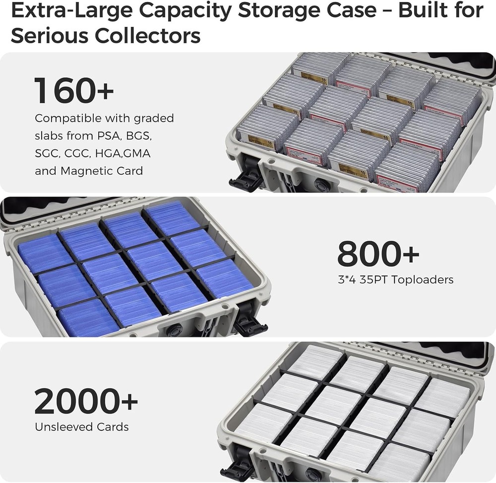 Graded & Trading Card Storage Box – XL Baseball Card Case with 8 Adjustable D...