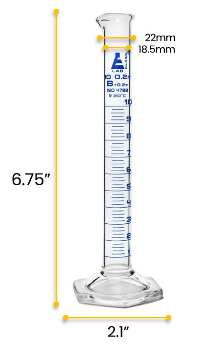 Eisco Labs 10ml Graduated Cylinder, Class B - Blue Graduations, Hexagonal Base