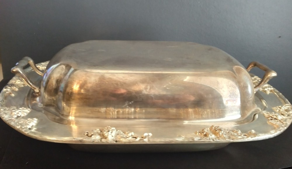 Antique silver serving dish with handled lid, grape design