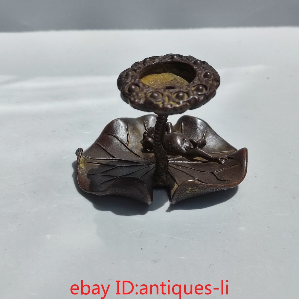 China antique purple copper solid lotus leaf frog shape backflow incense stick