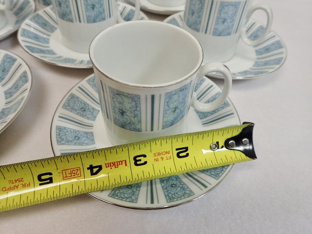 Retro MCM Design Blue Scroll China Set Cups Saucers Sugar Lidded Coffee Pot