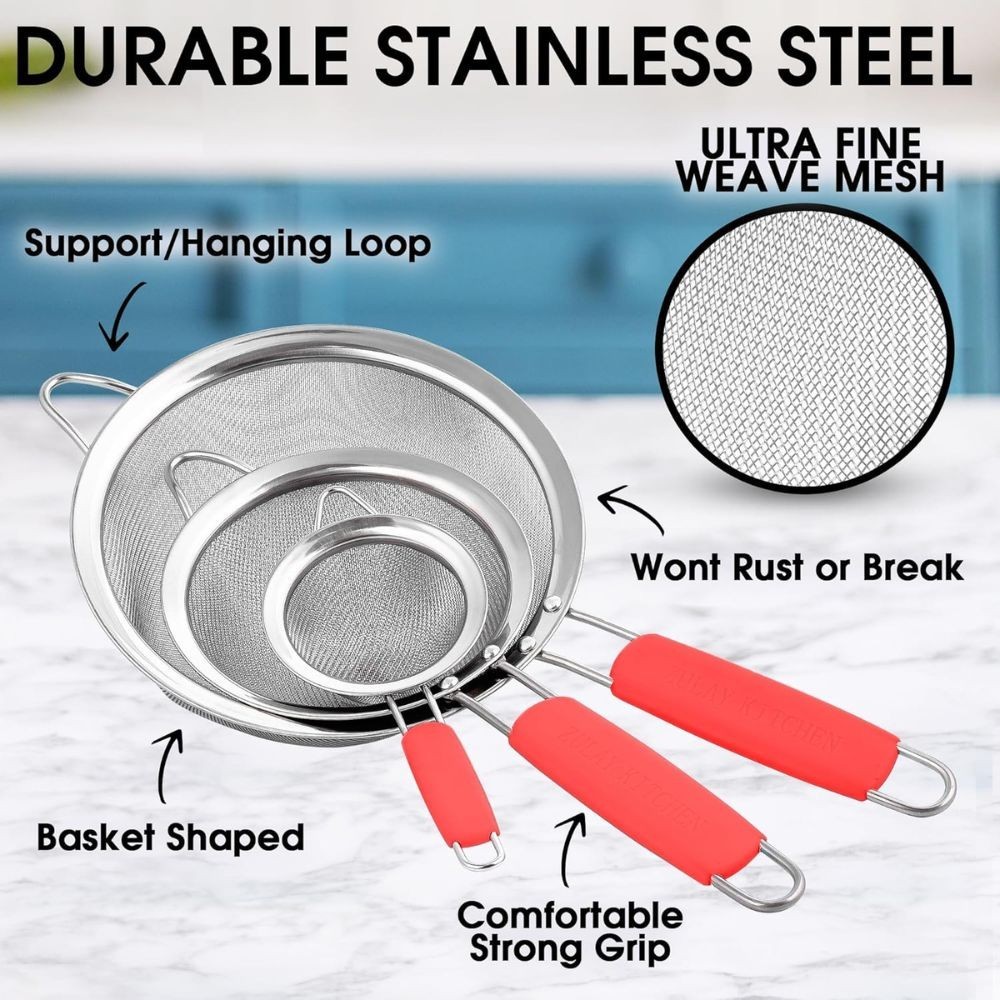 Premium Stainless Steel Fine Mesh Strainer Set of 3 – Kitchen Sieves