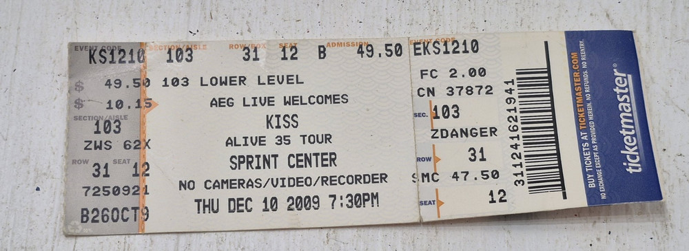 KISS Alive 35 Tour Ticket Stub Concert Rock Roll Sprint Center Dec 10 2009