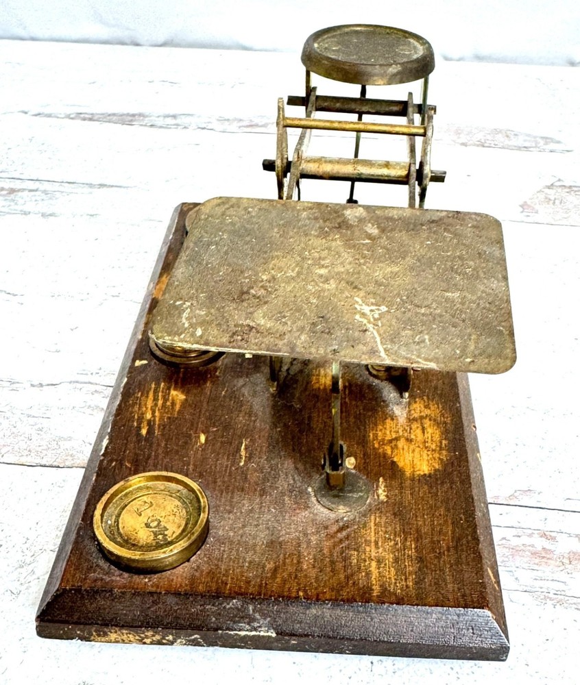 Antique Brass & Wood Postal Scale w Weights