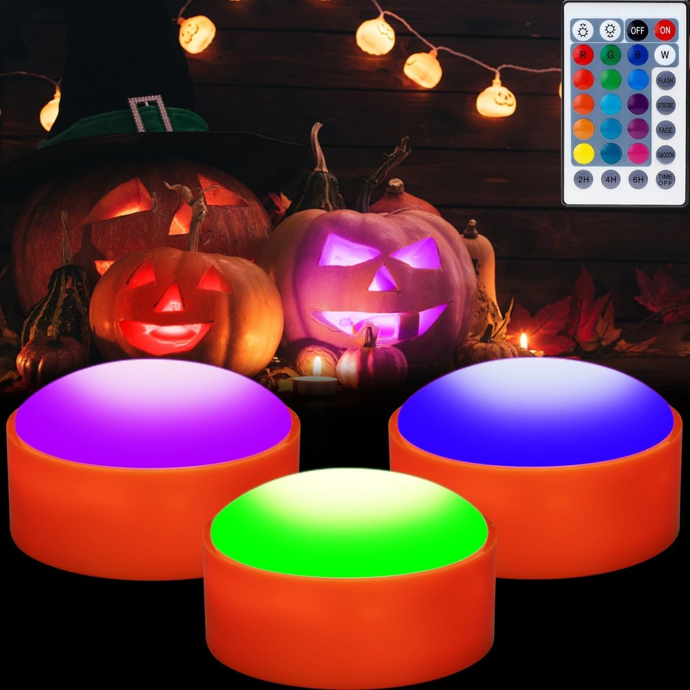 Halloween Jack-O-Lantern Lights Dimmable Timer Color Changing Remote 3 Pack