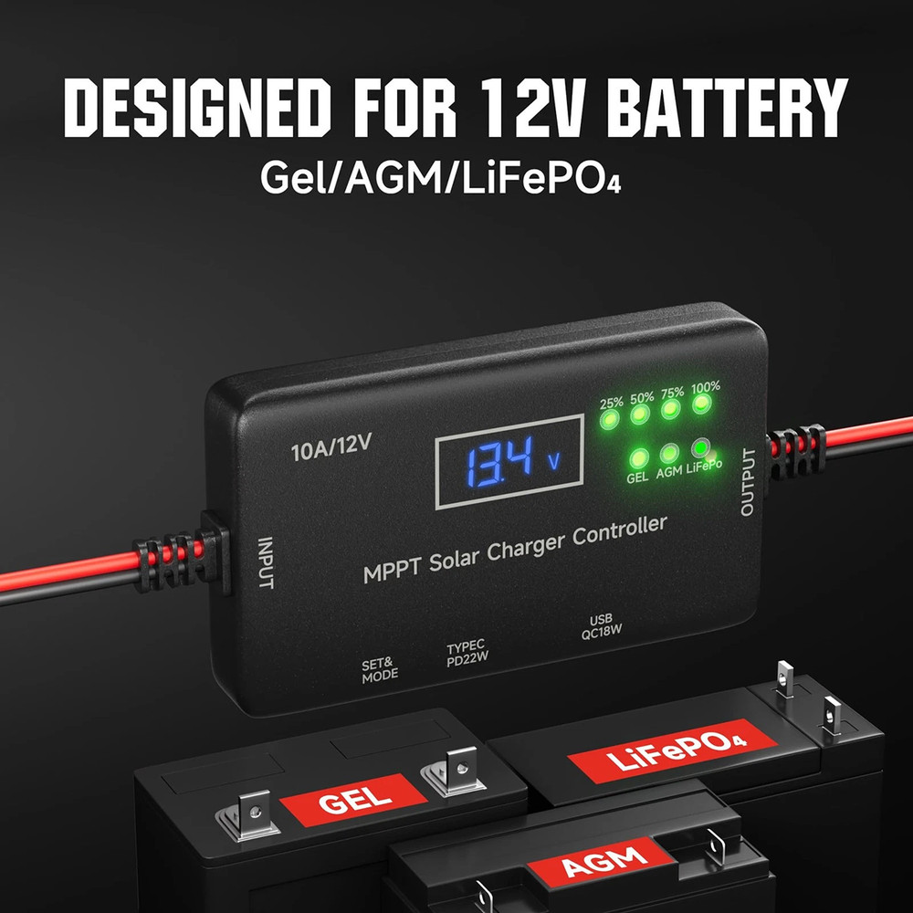 12V 10A MPPT Solar Charge Controller Type-C & USB Output for Solar Panel Battery