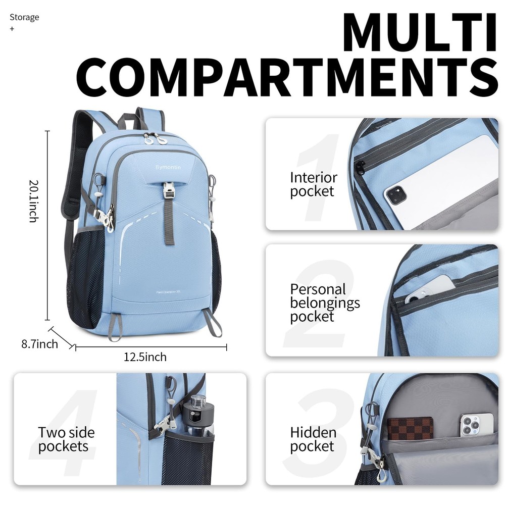 35L Sky-Blue Packable Backpack, Lightweight, Foldable Daypack, Travel, Hike