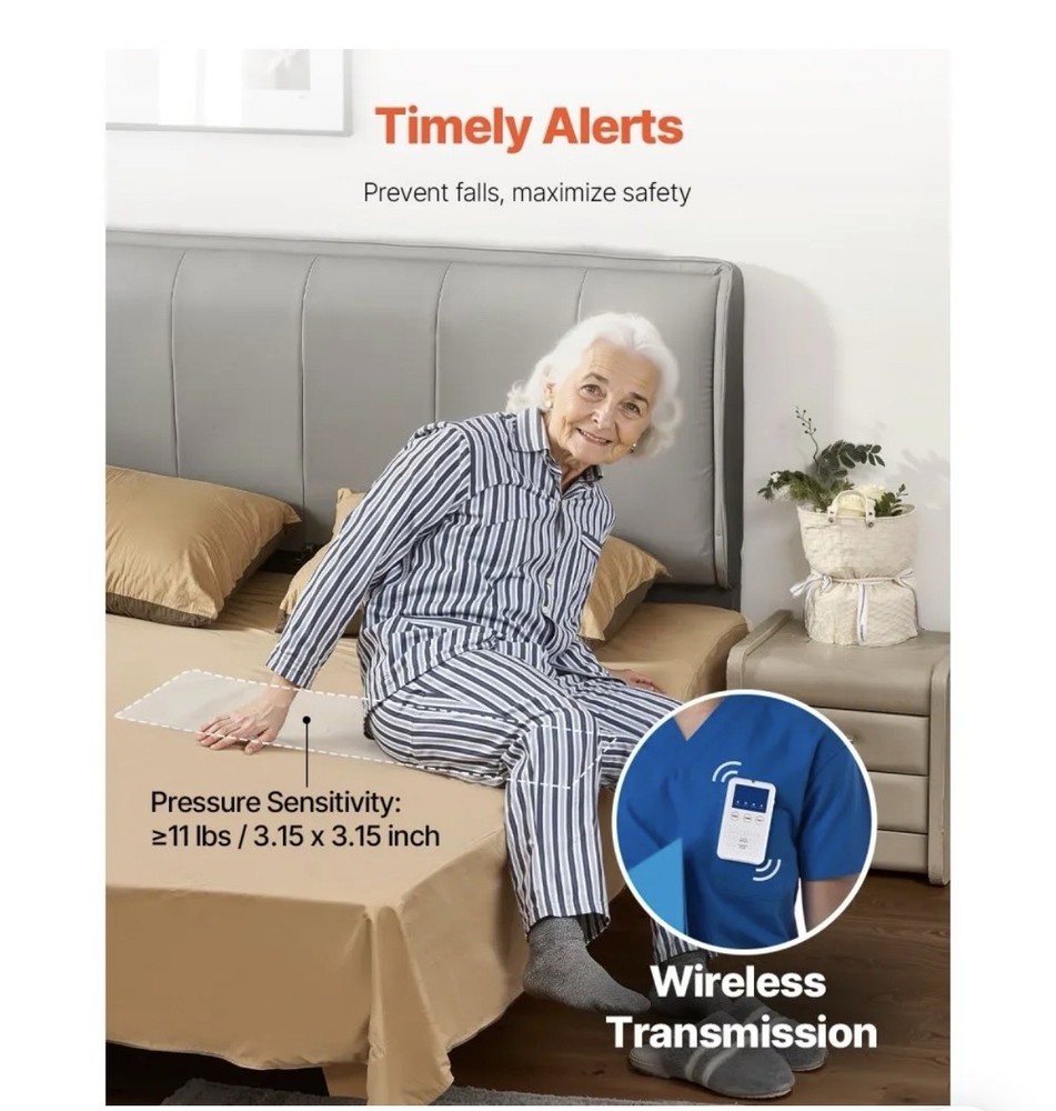 Early Alert Bed Alarm System Wireless Bed Sensor Pad with Call Button & Pager