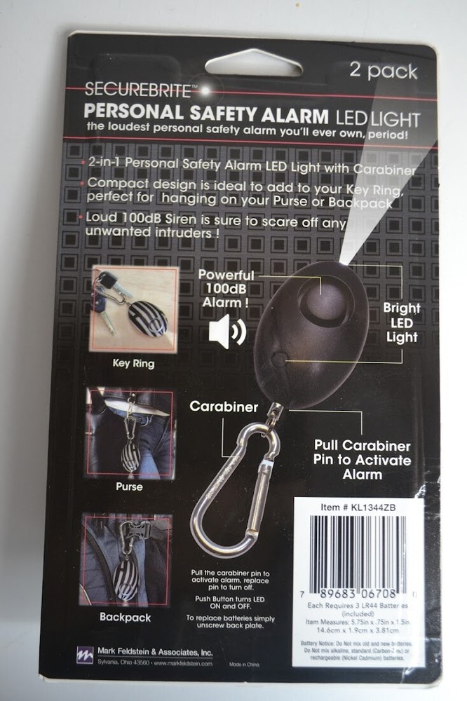 Securebrite Personal Safety Alarm LED Light 2 pack 100DB Solid Black & Zebra