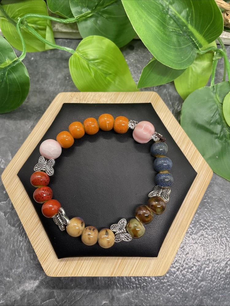 Handmade Ceramic Bead Beaded Stackable 6.5” Plus Stretch Bracelet New B236