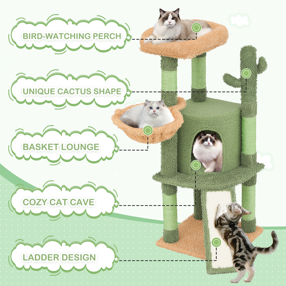 42" Cactus Cat Tree Tower Scratching Post Multi Level Activity Center Cats Toys